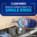 Hand pouring OxiClean Clean Rinse bottle into a washing machine dispenser with headline about removing stubborn odors in a single rinse