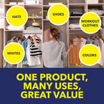 Promotional lifestyle graphic of a woman selecting clothes in a closet with callouts for hats, whites, shoes, workout clothes and colors