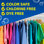 Graphic checklist reading 'Color Safe, Chlorine Free, Dye Free' above a row of colorful hanging clothes