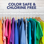 Row of colorful garments on hangers under the headline 'Color Safe & Chlorine Free' on a white brick background
