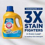 Single Arm & Hammer plus OxiClean detergent bottle with large text announcing 3X stain fighters