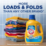 Arm & Hammer plus OxiClean detergent bottle next to folded laundry with promotional headline above