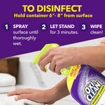 Disinfecting instructions graphic with numbered steps and photo of hands spraying OxiClean bathroom cleaner