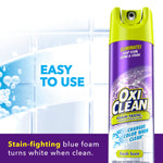 OxiClean Foam-Tastic aerosol can with blue foam graphic and 'Easy to Use' text over tiled background