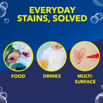 Graphic panel with headline 'Everyday stains, solved' and three circular images for food, drinks, and multi-surface stains.
