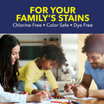 Lifestyle image of a family coloring together under header 'For your family's stains' with product claims
