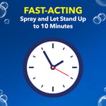 Blue infographic with clock illustration and text explaining 'Fast-Acting' spray and let stand up to 10 minutes.