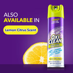 oxiclean foam-tastic bathroom cleaner can in lemon citrus scent with text also available in lemon citrus scent and a lemon slice on a purple background