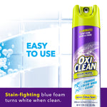 OxiClean Foam-Tastic foaming cleaner can against tiled background with 'easy to use' and color-change benefit text