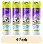 Four OxiClean Foam-Tastic aerosol cans with purple labels and lime-green caps, 4-pack display