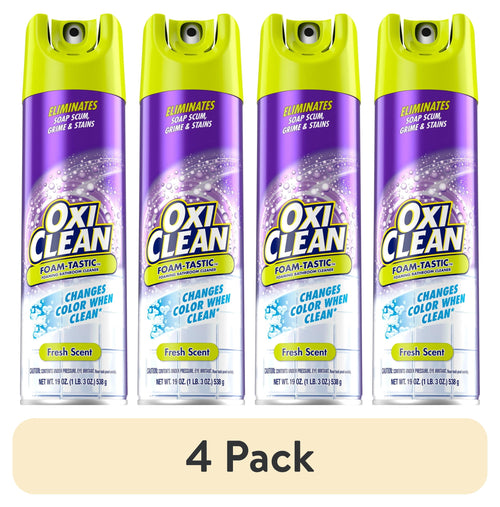 Four OxiClean Foam-Tastic aerosol cans with purple labels and lime-green caps, 4-pack display