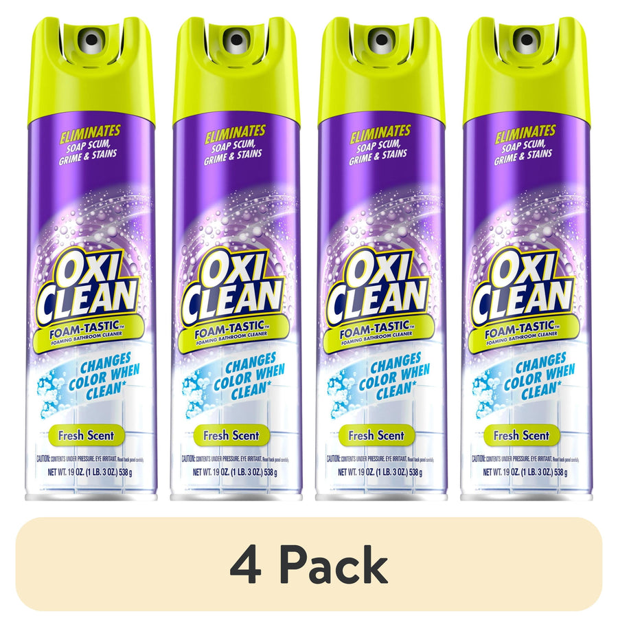 Four OxiClean Foam-Tastic aerosol cans with purple labels and lime-green caps, 4-pack display