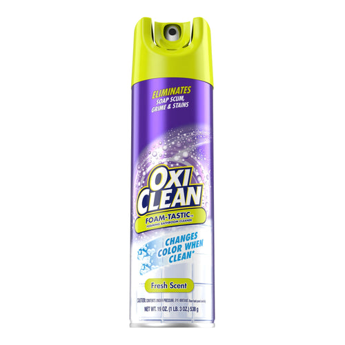 Isolated OxiClean Foam-Tastic aerosol can on white background showing product branding and fresh scent label