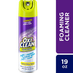 OxiClean Foam-Tastic foaming bathroom cleaner aerosol can with purple label and lime green nozzle, lemon citrus scent callout