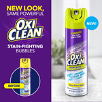 OxiClean Foam-Tastic aerosol can on a lifestyle background with branding and 'new look' promotional text