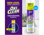 Promotional graphic showing OxiClean Foam-Tastic can with 'NEW LOOK, SAME POWERFUL' headline and stain-fighting message