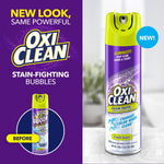 Promotional split image showing OxiClean Foam-Tastic can with purple branding and large OxiClean logo