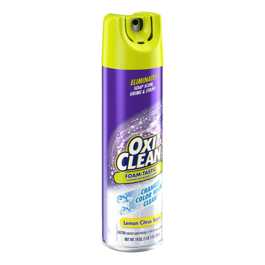 Studio shot of OxiClean Foam-Tastic foaming bathroom cleaner can with lime green nozzle and visible label for lemon citrus scent