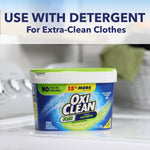 Lifestyle shot of OxiClean Free tub on a laundry machine with headline 'Use with detergent' visible above.