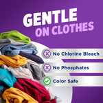 Pile of assorted colored clothing beside text listing product is gentle on clothes, no chlorine bleach, no phosphates, color safe