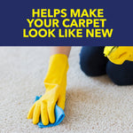 Gloved hand blotting a light carpet with a cloth while holding a yellow spray nozzle, with headline helps make your carpet look like new