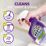 Hand holding a purple OxiClean spray bottle over a sink with icons for dirt, grime and stain and cleaning callouts