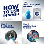 Step-by-step how-to graphic for using OxiClean in the wash showing detergent, scooping powder into the drum, and clothes in the washer