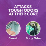Purple infographic panel stating 'Attacks Tough Odors At Their Core' with circular images labeled 'Sweat' and 'Body Odor'.