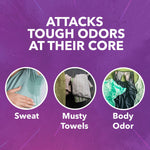 Purple infographic panel reading 'ATTACKS TOUGH ODORS AT THEIR CORE' with circular photos labeled Sweat, Musty Towels, Body Odor.