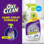 Promotional split image showing OxiClean logo and a purple OxiClean bathroom cleaner bottle with green trigger