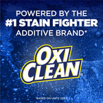 Bold OxiClean logo on a blue water-textured background with text proclaiming powered by the #1 stain fighter additive brand