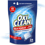 Blue pouch of OxiClean Max Force Power Paks with logo, a single dissolvable pod graphic and '24 paks' count