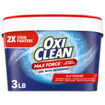 OxiClean Max Force blue tub with red lid showing 3 lb label and product branding on white background