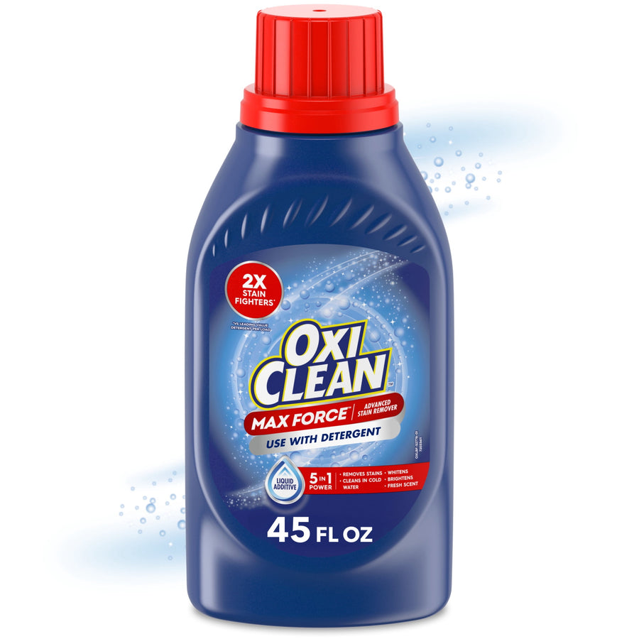 Blue OxiClean Max Force liquid bottle with red cap and label reading 45 fl oz on white background