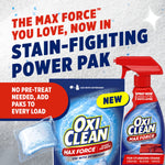 Promotional graphic showing OxiClean Max Force pouch, a spray bottle, and a close-up of a dissolvable detergent pod