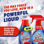 Promotional graphic showing OxiClean Max Force liquid bottle and trigger spray with headline about a powerful liquid formula