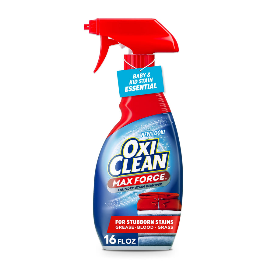 Red-spray bottle of OxiClean Max Force laundry stain remover with blue label and red trigger