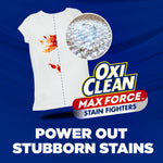 Promotional graphic showing a white T-shirt half-stained and OxiClean Max Force logo with text about powering out stubborn stains