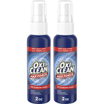 Two OxiClean Max Force 2 oz spray bottles with blue labels and white spray tops on a white background