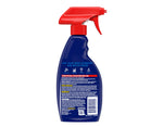 Rear view of an OxiClean MaxForce spray bottle with red nozzle showing directions and ingredient text on label.