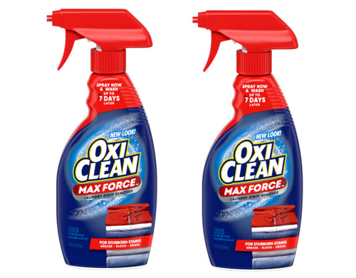 Two red‑spray OxiClean MaxForce laundry stain remover bottles shown side by side on white background.