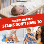 Collage showing a baby in a crib, stuffed animals and a messy toddler with bold text messes happen stains don’t have to for OxiClean