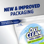Close crop of OxiClean pouch corner with callout reading new & improved packaging and resealable leak-resistant pouch