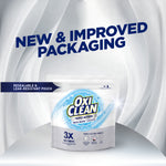 OxiClean pouch on a pedestal with large headline ‘New & Improved Packaging’ and a resealable pouch banner
