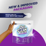 Hand holding an OxiClean Triple Action pouch with headline 'New & Improved Packaging' and resealable pouch callout.