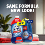 OxiClean Max Force new and old bottle comparison graphic with folded towels and text announcing same formula new look
