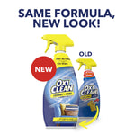 Packaging graphic showing new and old OxiClean bottle designs with text 'Same formula, new look'
