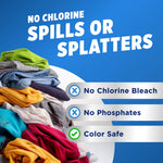 Blue panel with a pile of colorful clothes and checklist stating 'No Chlorine Bleach', 'No Phosphates', and 'Color Safe'