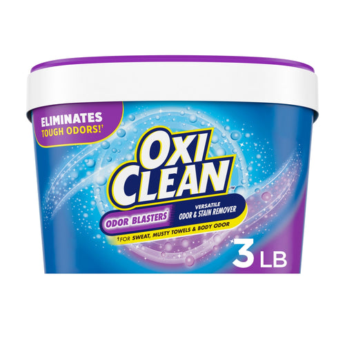 Close-up of an OxiClean Odor Blasters tub with blue and purple label and 3 lb marking