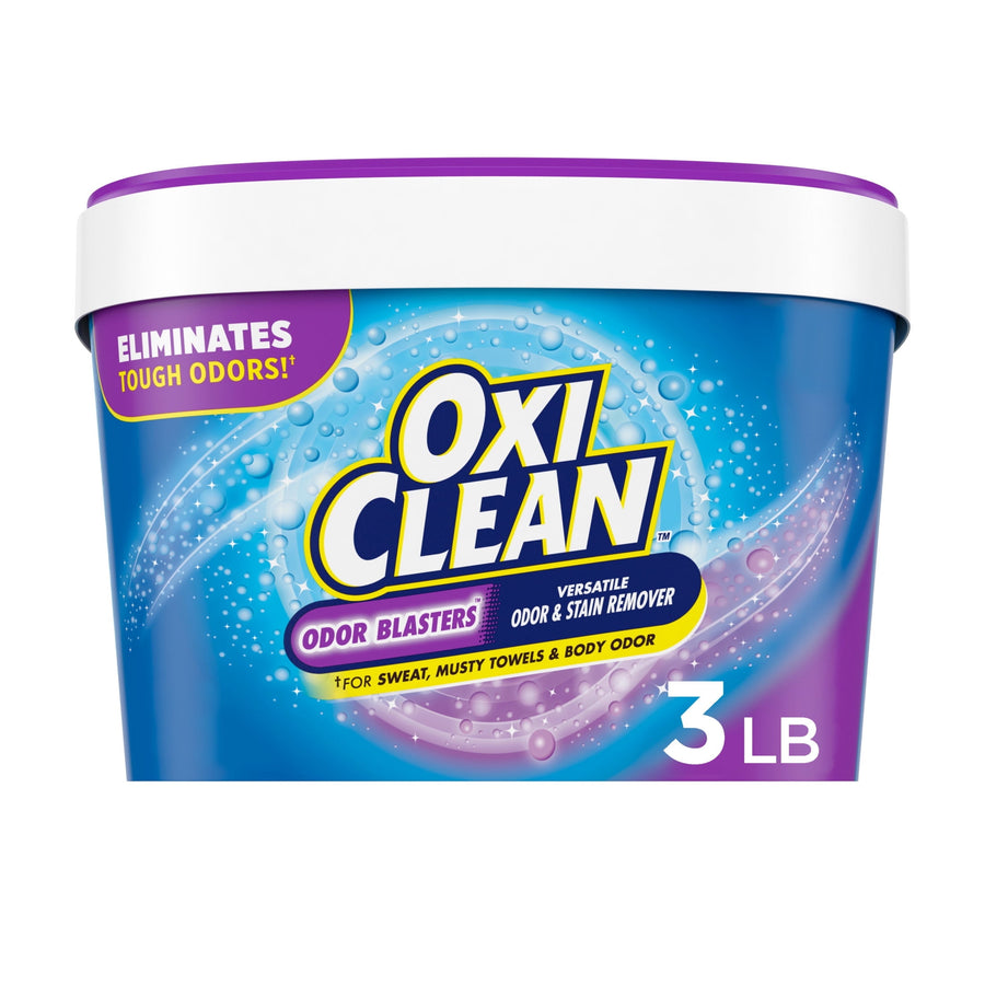 Close-up of an OxiClean Odor Blasters tub with blue and purple label and 3 lb marking